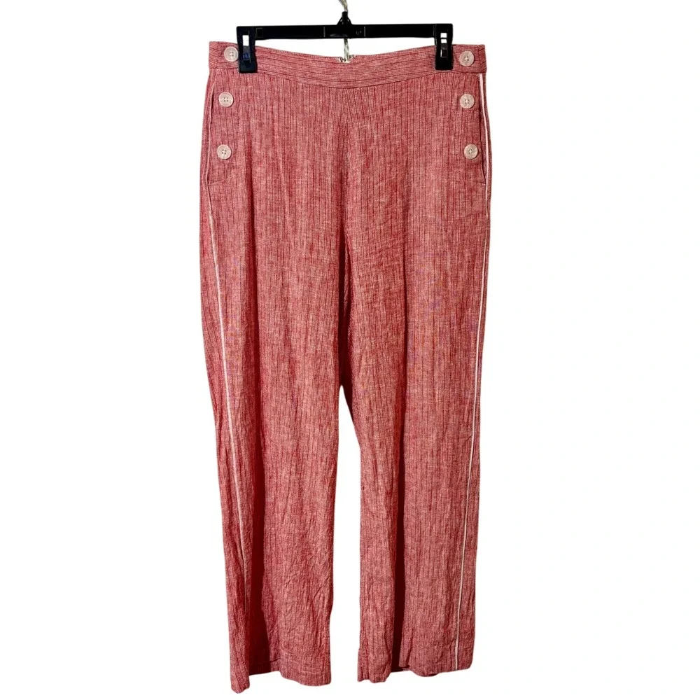 Banana Republic Linen Blend Red Striped Sailor Button Pant Cream Stripe Wide Leg